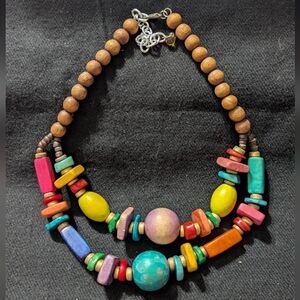 Colorful Rainbow Chunky Wooden Beaded Statement Necklace